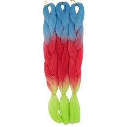 Kanekalon Sky blue - červena - žlta neon Kanekalon trojfarebný